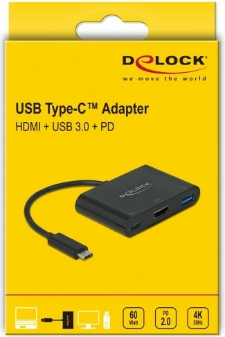 Adapter DeLOCK 64091, USB-C në HDMI/USB-A/USB-C, 60W, i zi