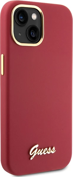 Mbështjellës Guess Silicone Script Metal Logo & Frame për iPhone 15, Kuq