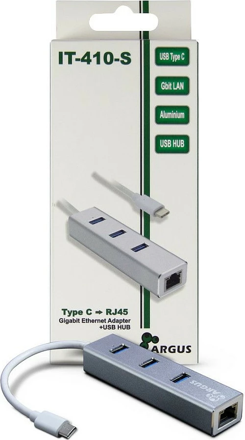 Adapter USB-C Inter-Tech Argus IT-410-S, 3x USB-A USB 3.2 Gen1 + RJ-45 LAN, alumin, gri