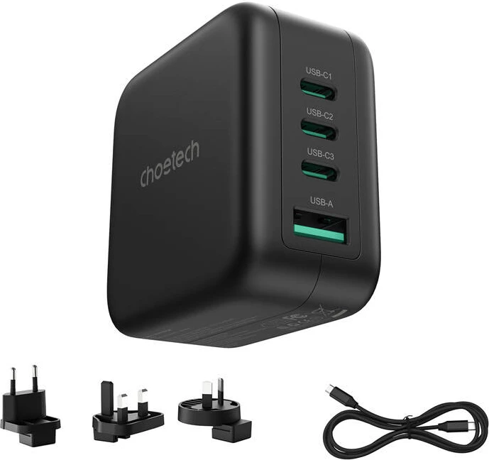 Karikues universal Choetech PD6055, 70W, GaN, 3x USB-C, 1x USB-A, me adapterë US/EU/UK/AU, i zi