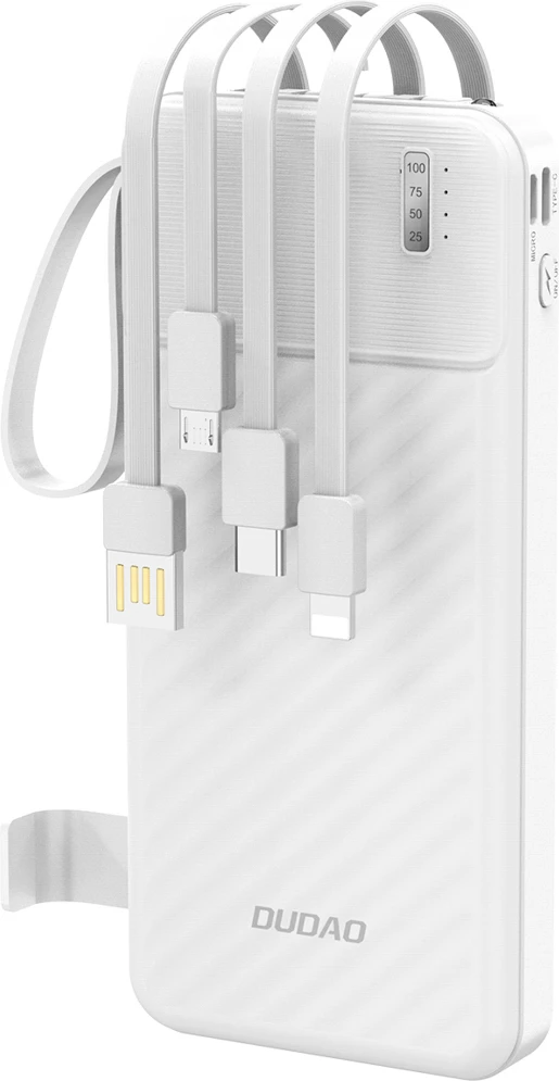 Powerbank Dudao K11, 10000 mAh, me kabllo të integruara, Bardhë