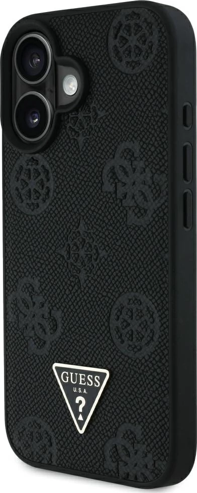 Mbështjellës Guess Grained Hot Stamp Peony Triangle Logo MagSafe për iPhone 16, i zi