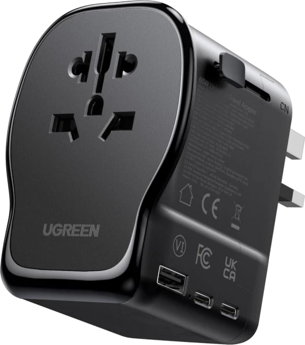 Adapter udhëtimi universal UGREEN 55001 (S550) 65W GaN, 2x USB-C + 1x USB-A, prizë AC universale, EU/UK/US/AU, i zi