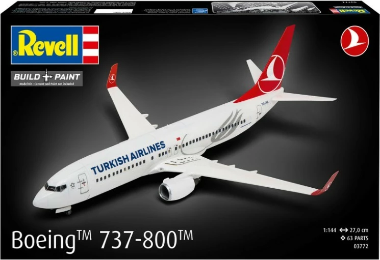 Komplet model plastik Revell Boeing 737-800 Turkish Airlines, 1:144, 63 pjesë, Bardhë/Kuqe