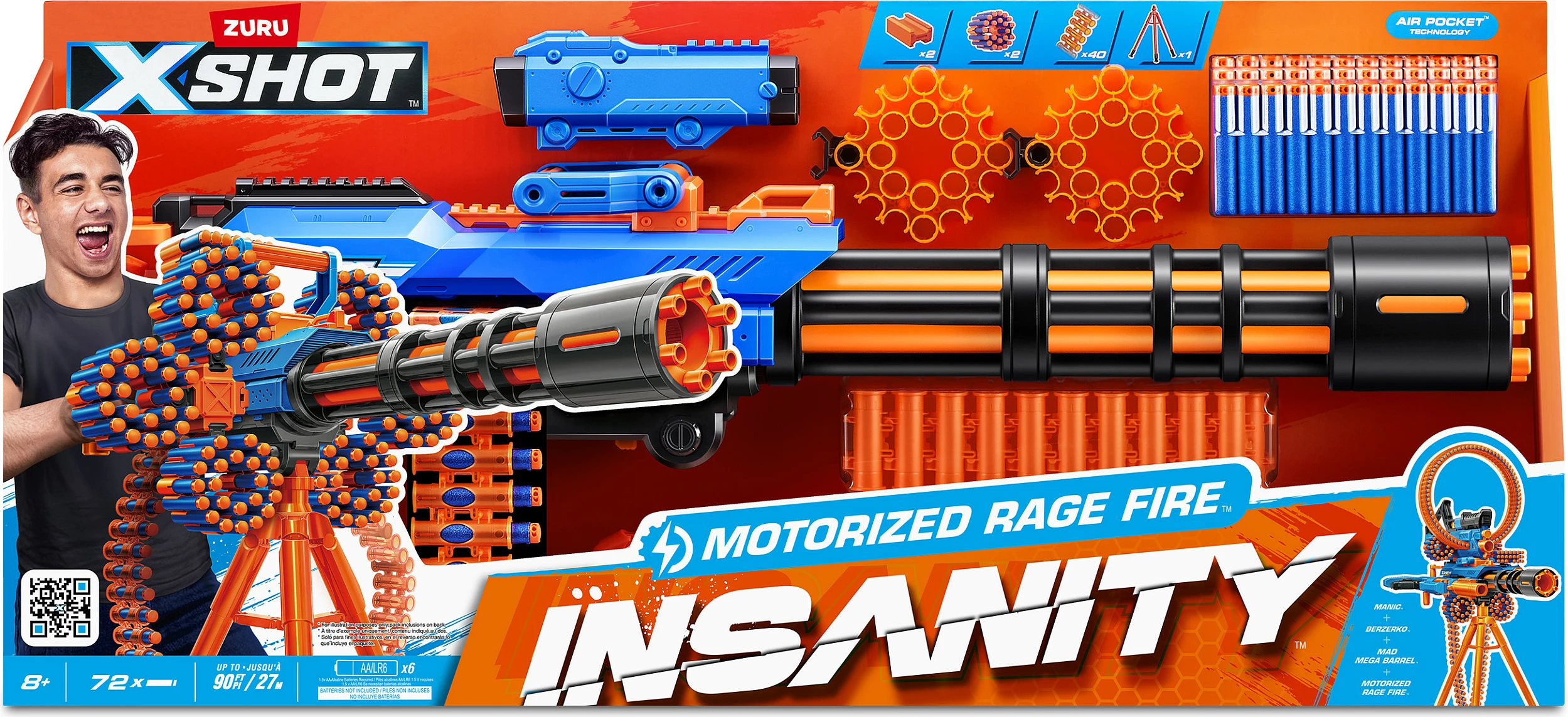 Blaster lodër ZURU XSHOT Insanity Motorized Rage Fire, 72 darts, me tripod, blu/portokalli