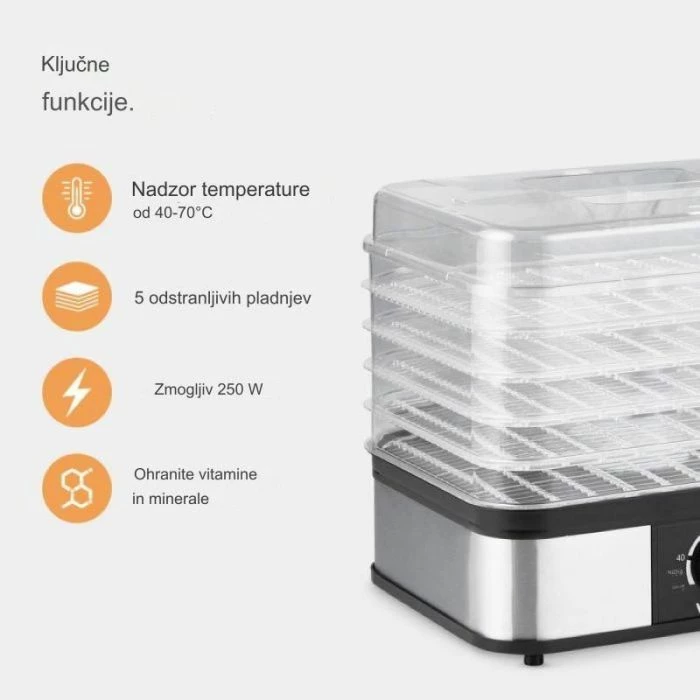 Dehidratues ushqimi VonShef 2013381 DEHYDRA 5-katësh 250W 40–70°C, argjendtë/zi