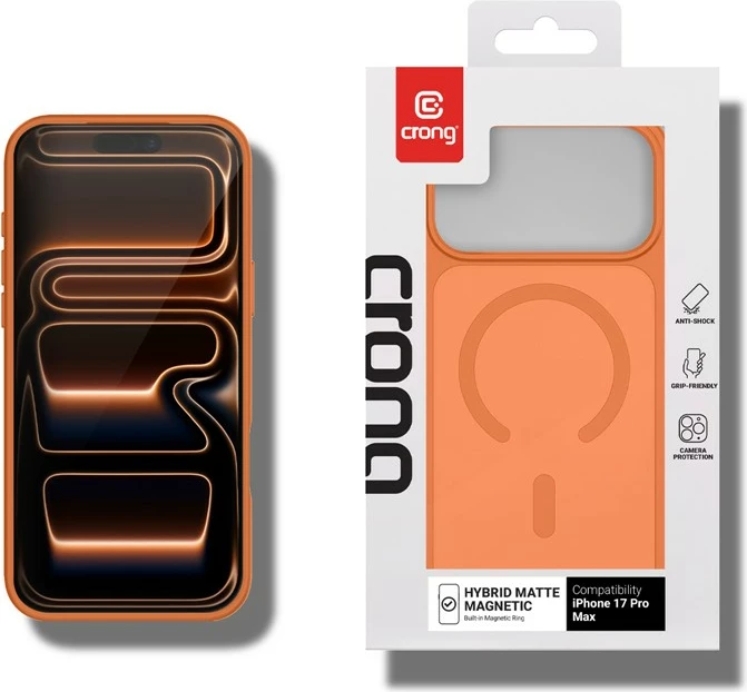 Mbështjellës magnetik mat hibrid CRONG Hybrid Matte Magnetic për iPhone 17 Pro Max, portokalli