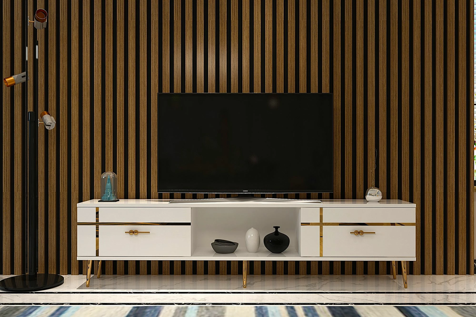 Komodë TV Skye Decor, ngjyrë e bardhë, detaje të arta