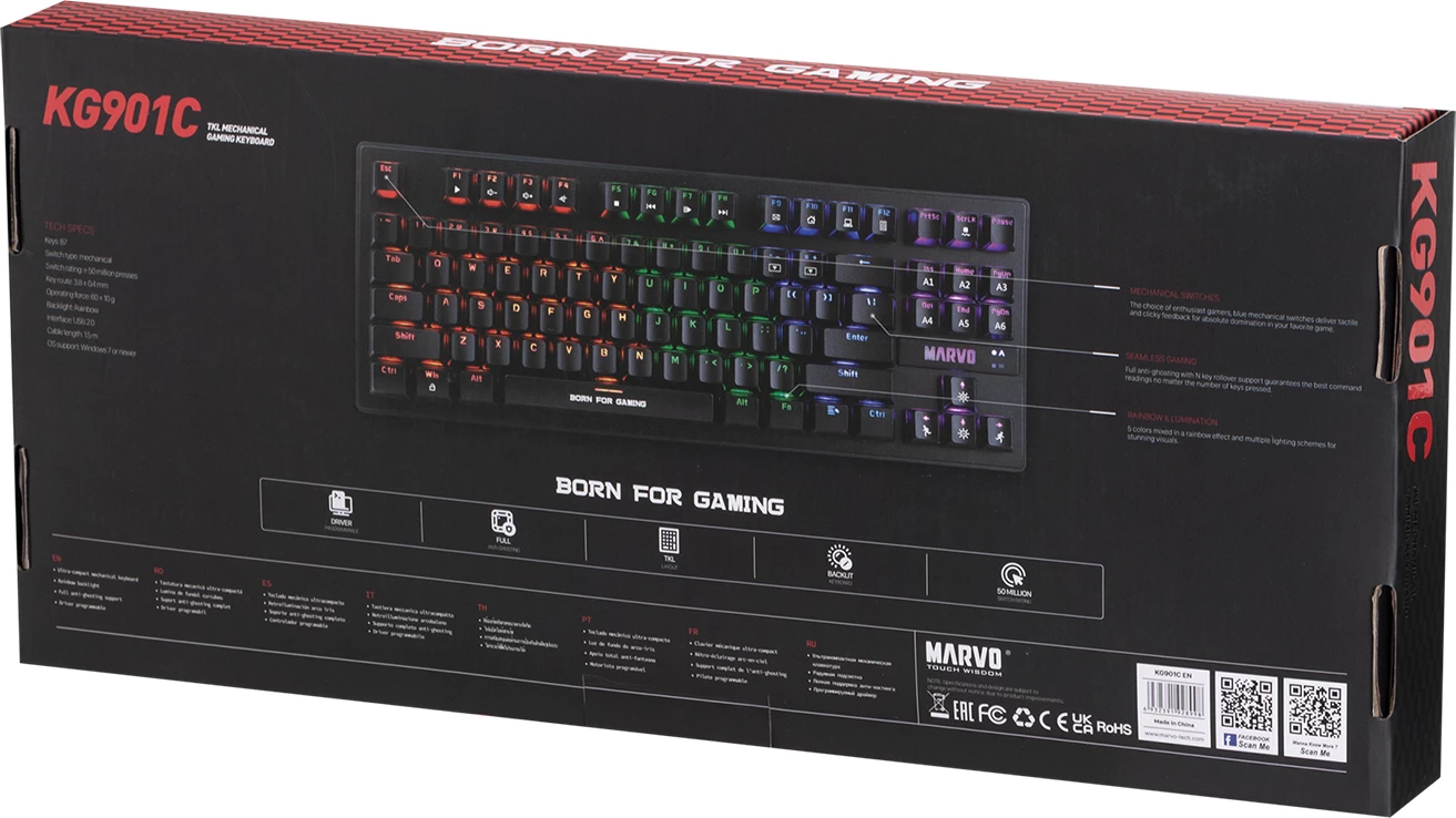 Tastierë mekanike gaming Marvo KG901C EN KRONE 87, 87 taste, Blue Switch, ndriçim RGB, e zezë me taste portokalli