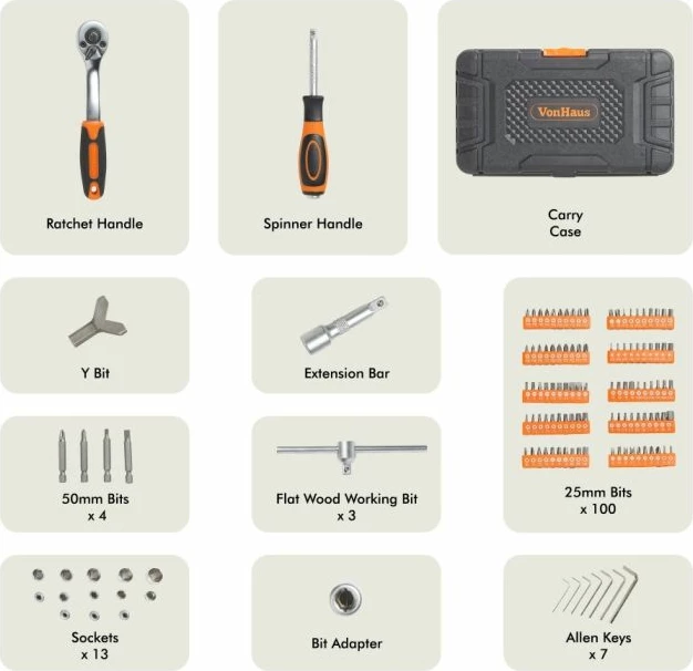 Set soketash dhe bitash VONHAUS 3515179 130 copë, portokalli/zi