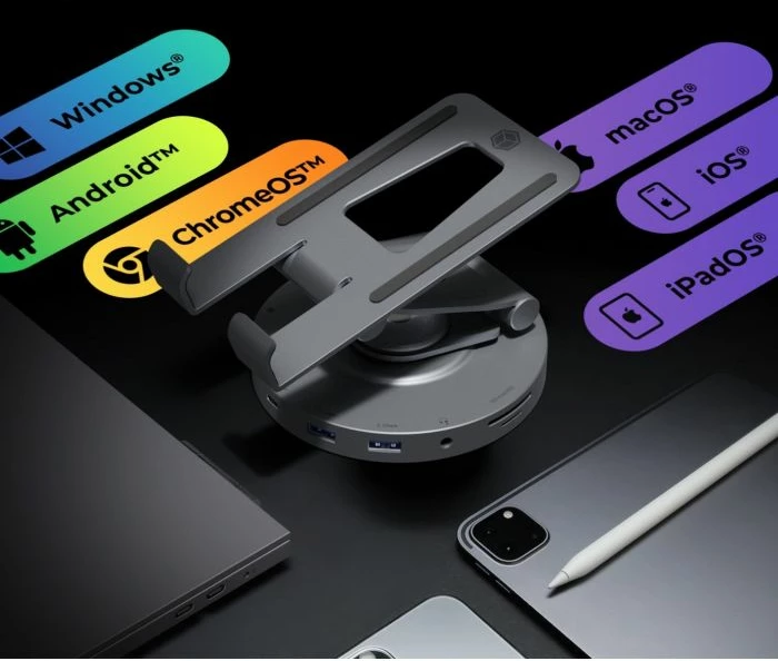 Mbajtëse rrotulluese/dock për tablet dhe celular ICYBOX IB-TH100-DK deri 11\", USB-C, HDMI 2.0 4K@60Hz, e zezë antracit