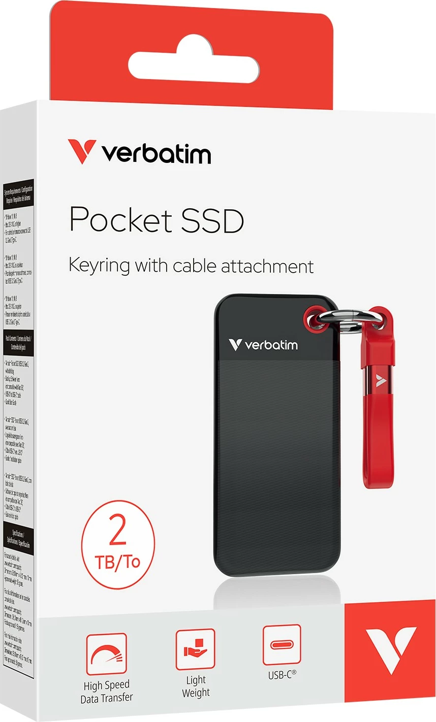 SSD portativ Verbatim Pocket 2TB, USB Type-C, 3.2 Gen 2, e zezë/e kuqe