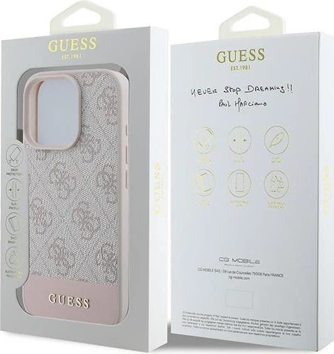 Mbështjellës, Guess 4G Bottom Stripe, për iPhone 16 Pro Max 6.9", TPU/PC/eko-lëkurë, rozë