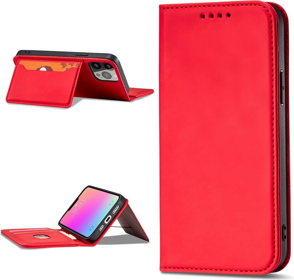 Mbështjellës Hurtel Magnet Card Case për iPhone 14, portofol, qëndrim, e kuqe