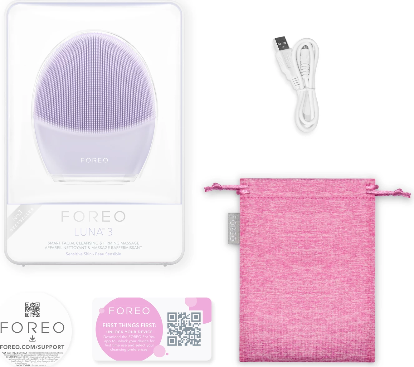 Pajisje elektrike pastrimi fytyre Foreo LUNA 3, për lëkurë të ndjeshme, waterproof, vjollcë, set me karikues USB + travel case