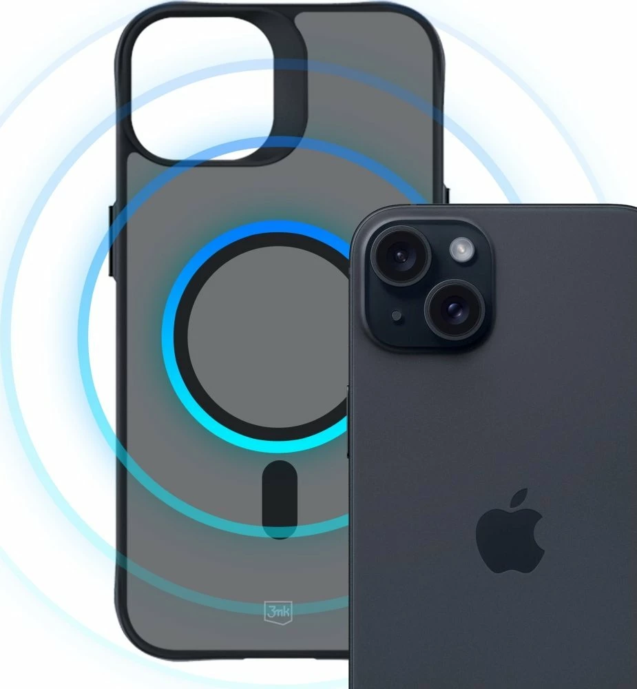 Mbështjellës 3MK Smoke MagCase për Apple iPhone 15, MagSafe, Military Grade, polikarbonat, i zi