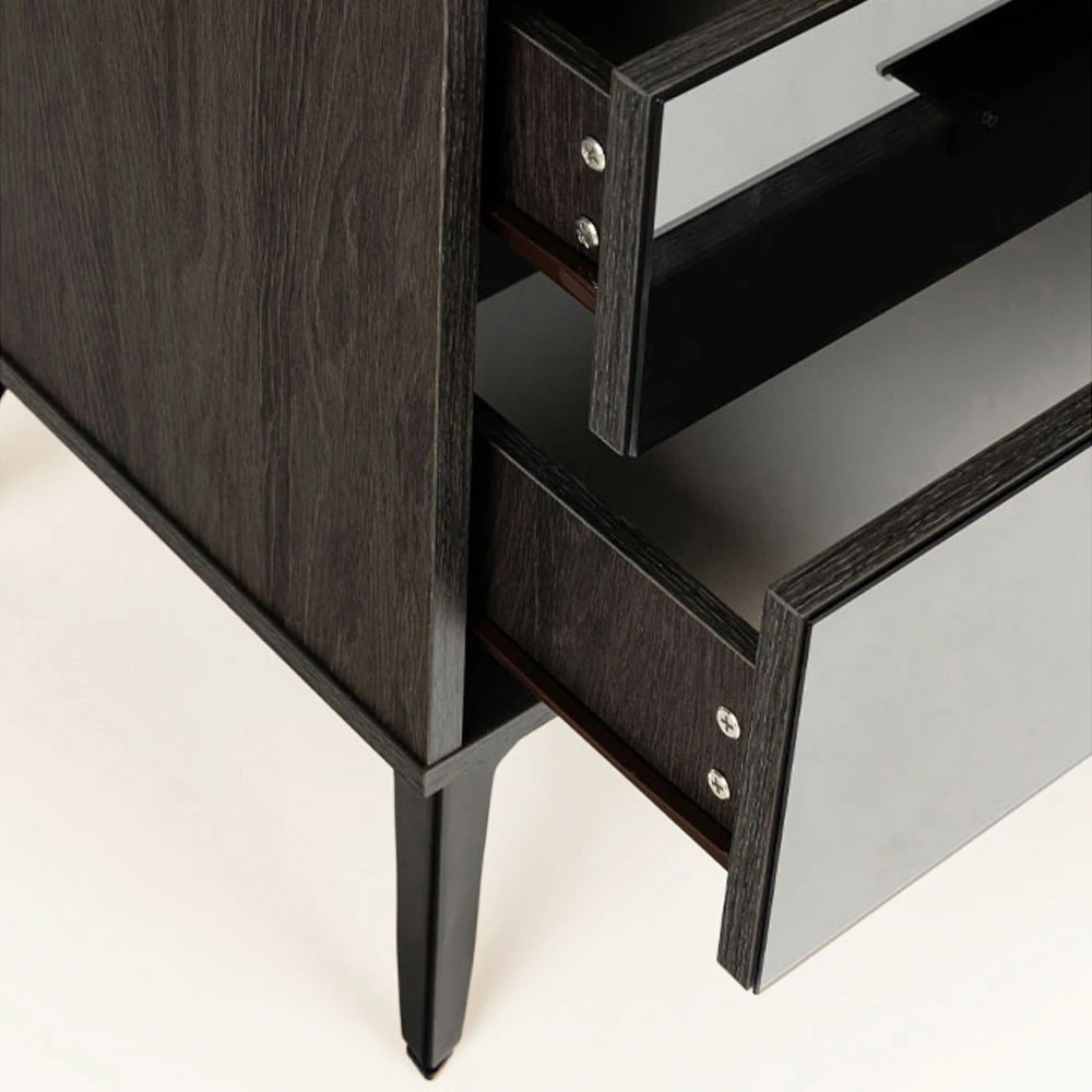 Komodinë nate Specchio, 2 sirtarë, ngjyrë lisi e zezë, pasqyrë, 58x39x55