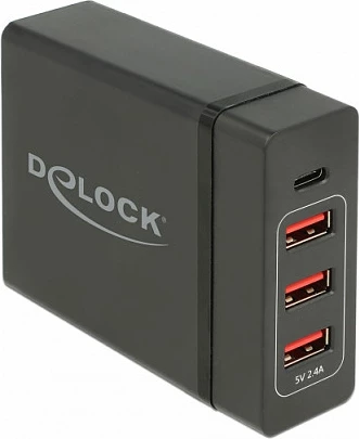 Karikues muri DeLOCK 63974, USB-C PD 60W + 3x USB-A, kabllo 1.2 m, i zi