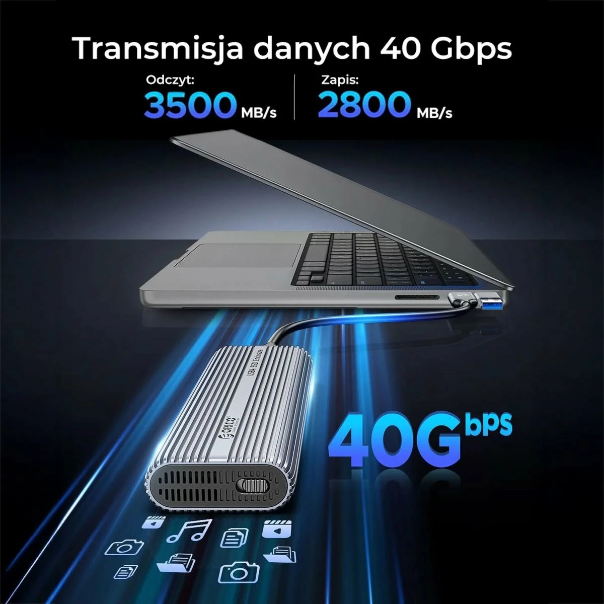 Kasë e jashtme për SSD M.2 NVMe Orico ACOM2-U4-GY-BP, USB-C 40Gbps, me ventilator, alumini, me kabllo C‑to‑C + adapter C‑to‑A, argjendtë