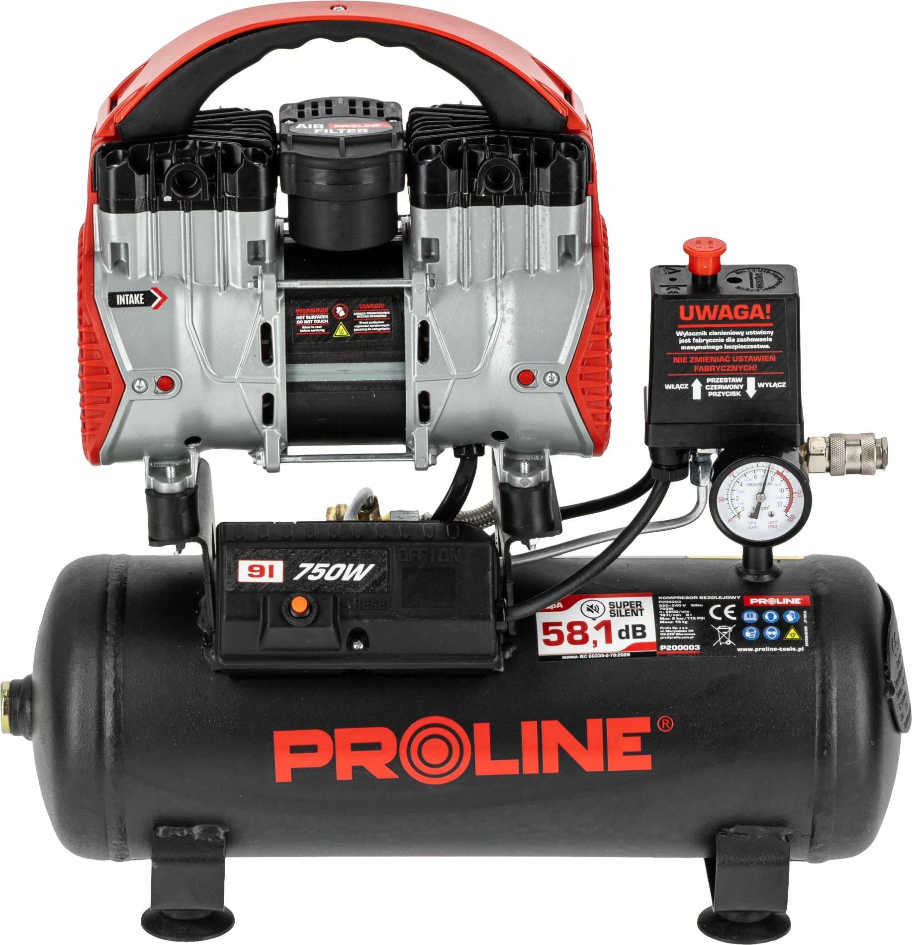 Kompresor ajri pa vaj PROLINE P200003, 9L, 750W/1HP, 8 bar, 167 L/min, kuqe/zezë
