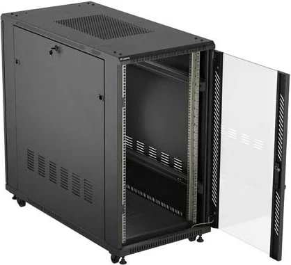 Kabinet rack LANBERG 19" 22U 600x1200, në këmbë, derë me xham, i zi