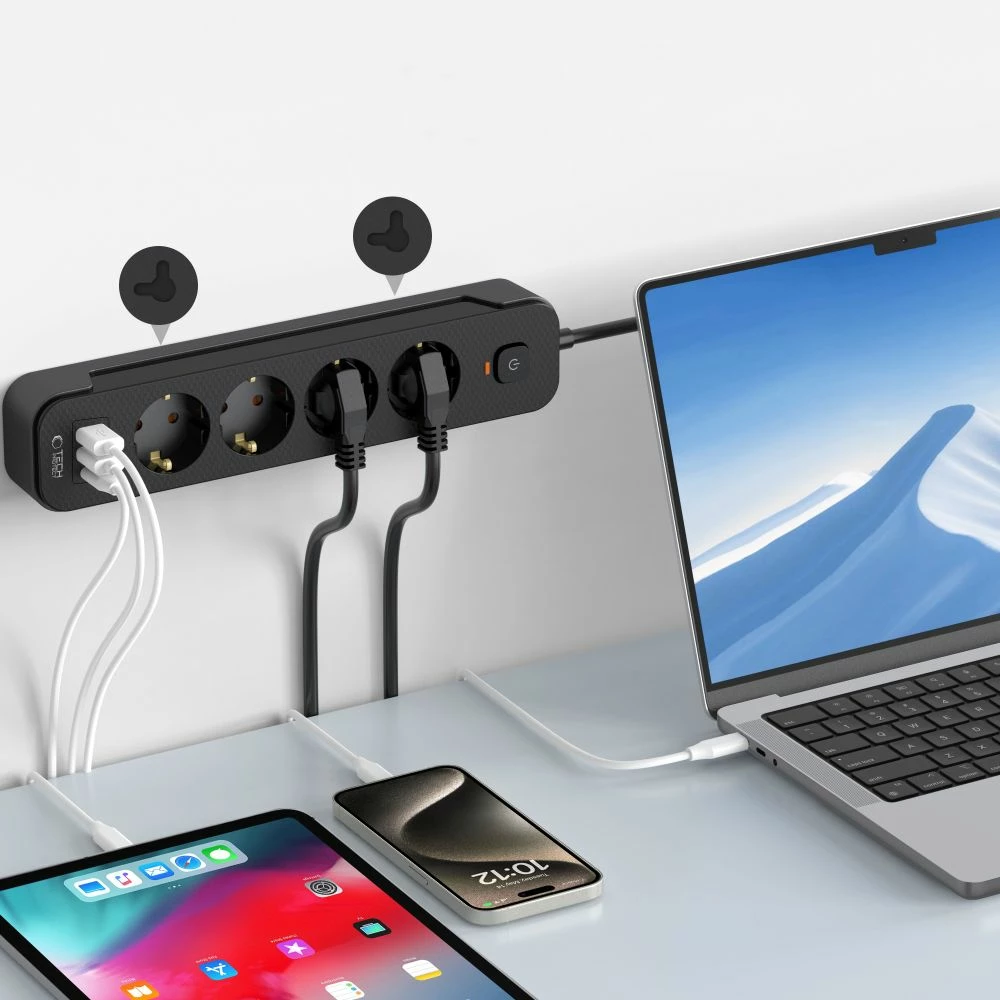 Prizë elektrike Tech-Protect PCL4X3 me 4 dalje, 2xUSB-A, 1xUSB-C, 200 cm, e zezë