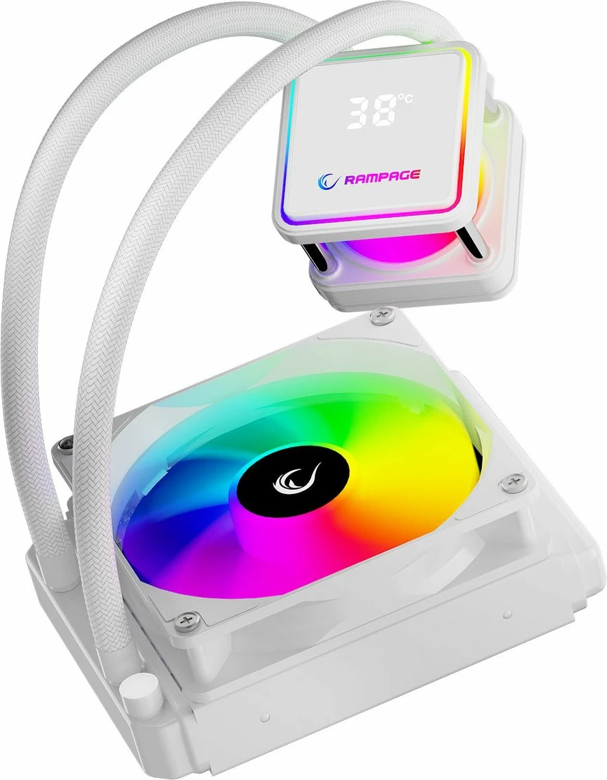 Ftohës uji AIO Rampage INFINITE V120 120 mm ARGB me ekran temperature, i bardhë