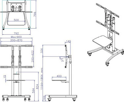 Stand i lëvizshëm për TV/LCD VALUE, deri 100", VESA 800x400, 125 kg, me raft, i zi