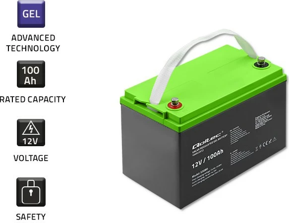 Bateri xhel Qoltec 100Ah 12V, Model 53080, e zezë me të gjelbër