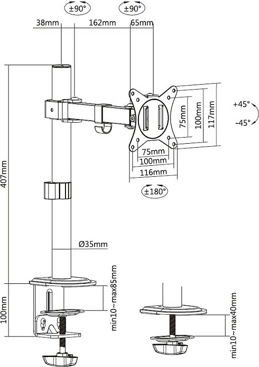 Mbajtëse tavoline monitori Equip, 17-32 inç, 1 monitor, VESA 75x75/100x100, 9 kg, e bardhë