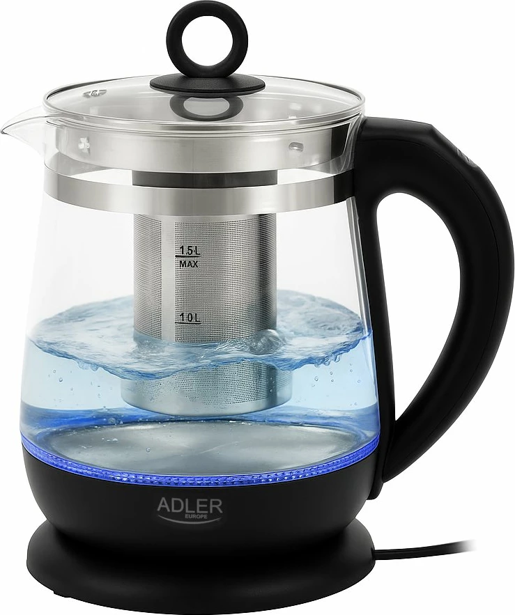 Çajnik elektrik Adler AD 1299 1.5L me kontroll temperature, qelq, infuzer, 2200W, i zi