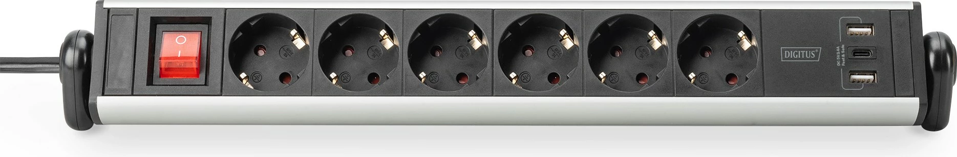 Rrymë shirit Digitus 6-porta me 3x USB, 1.5 m, e brendshme, Type F, alumini, e zezë, argjend