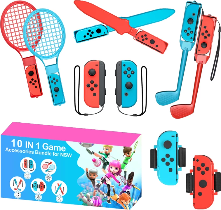 Set aksesorësh për Nintendo Switch, Hurtel, Nintendo Switch Sports 10-in-1, për Joy-Con, 10 pjesë, kuqe e kaltër