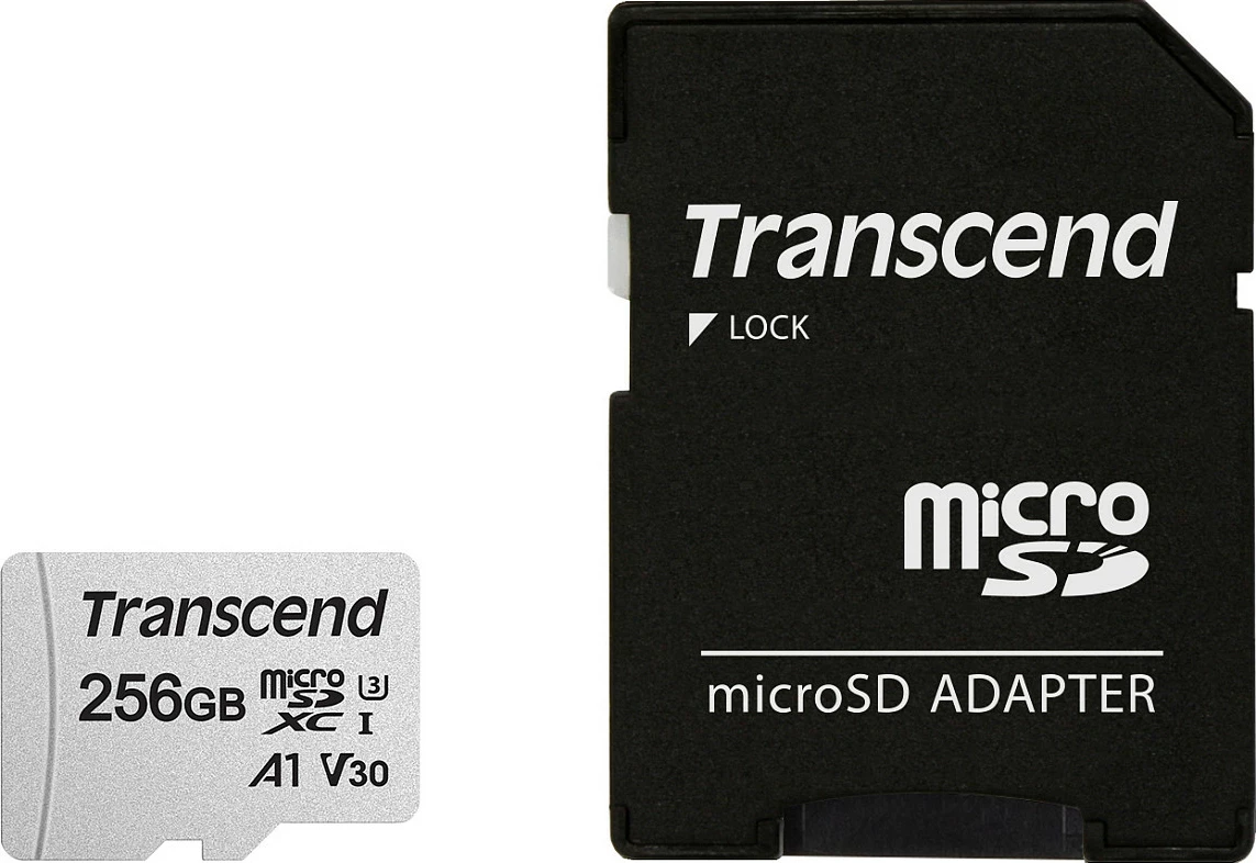 Kartelë memorie Transcend microSDXC 300S 256GB me adapter, Class 3, argjend