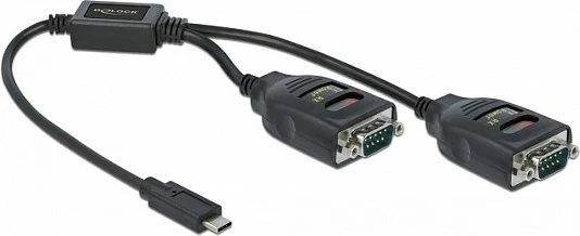 Adapter DeLOCK USB Type-C në 2x Serial RS-232 DB9, 0.35m, i zi