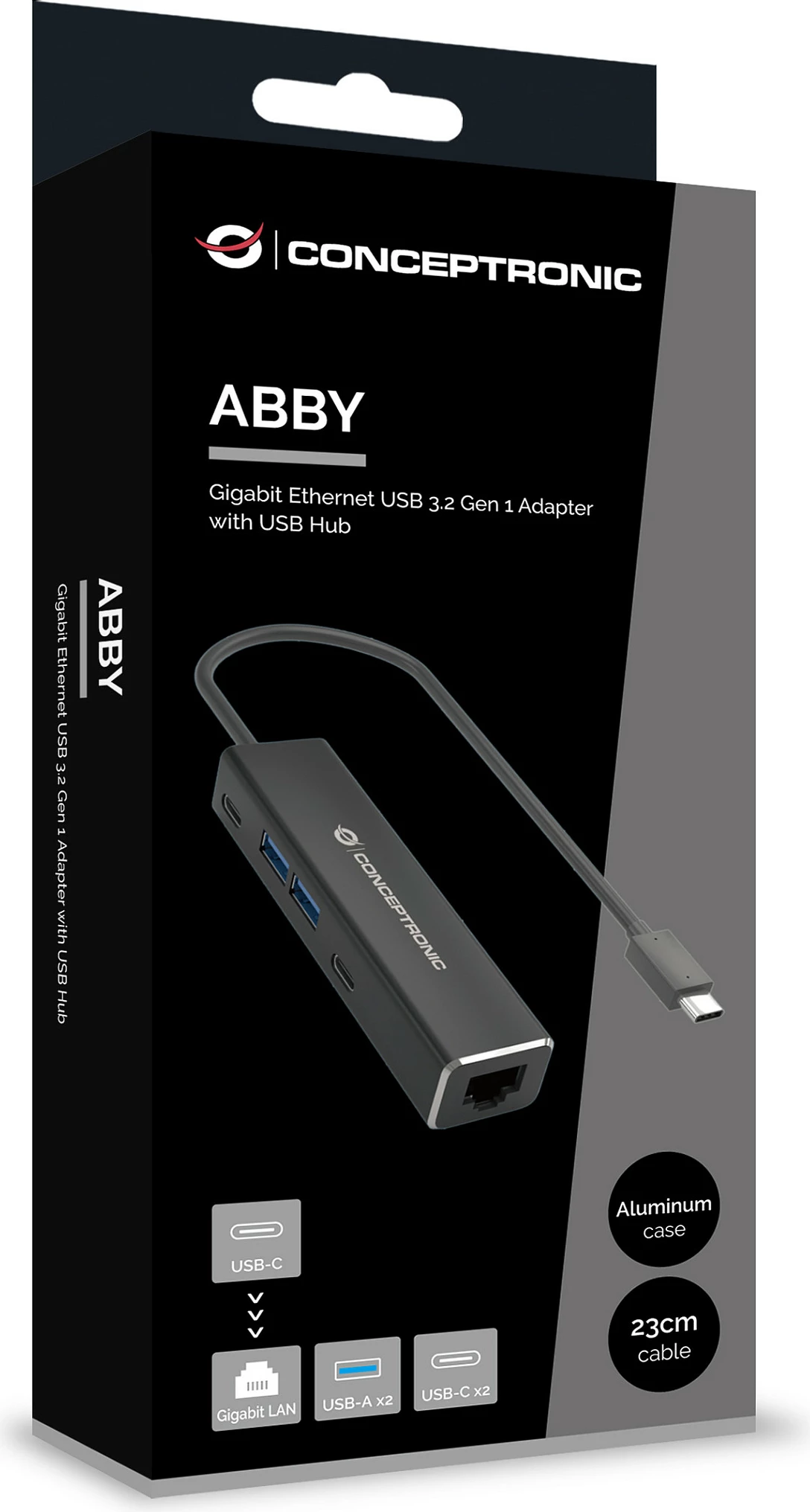 Adapter USB-C Conceptronic ABBY13B, Gigabit Ethernet me Hub USB, 1x RJ45, 2x USB-A, 2x USB-C, gri