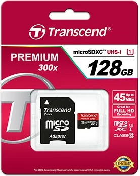 Kartelë memorie Transcend microSDHC 128GB me adapter, Class 10, UHS-I, e zezë/kuqe