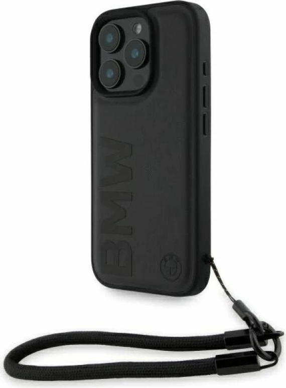 Kuti telefoni BMW Signature Leather Wordmark Cord për iPhone 16 Pro, e zezë
