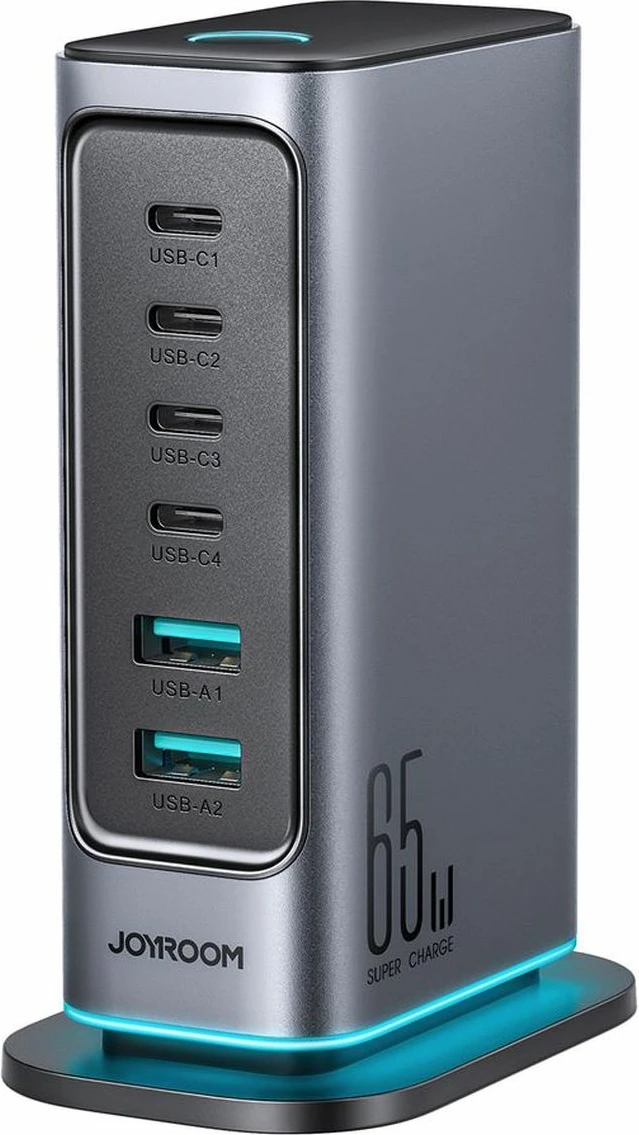 karikues muri GaN 65W, Joyroom JR-TCM02, stacion karikimi 6 porta (4xUSB-C + 2xUSB-A), prizë UK, kabllo 1.5 m, gri