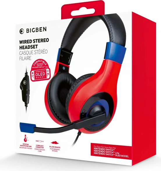 Kufje gaming Nacon Bigben Nintendo Switch Headset Mario, stereo, me mikrofon, me kabllo 3.5mm, 40mm driver, Kuqe/Kaltër