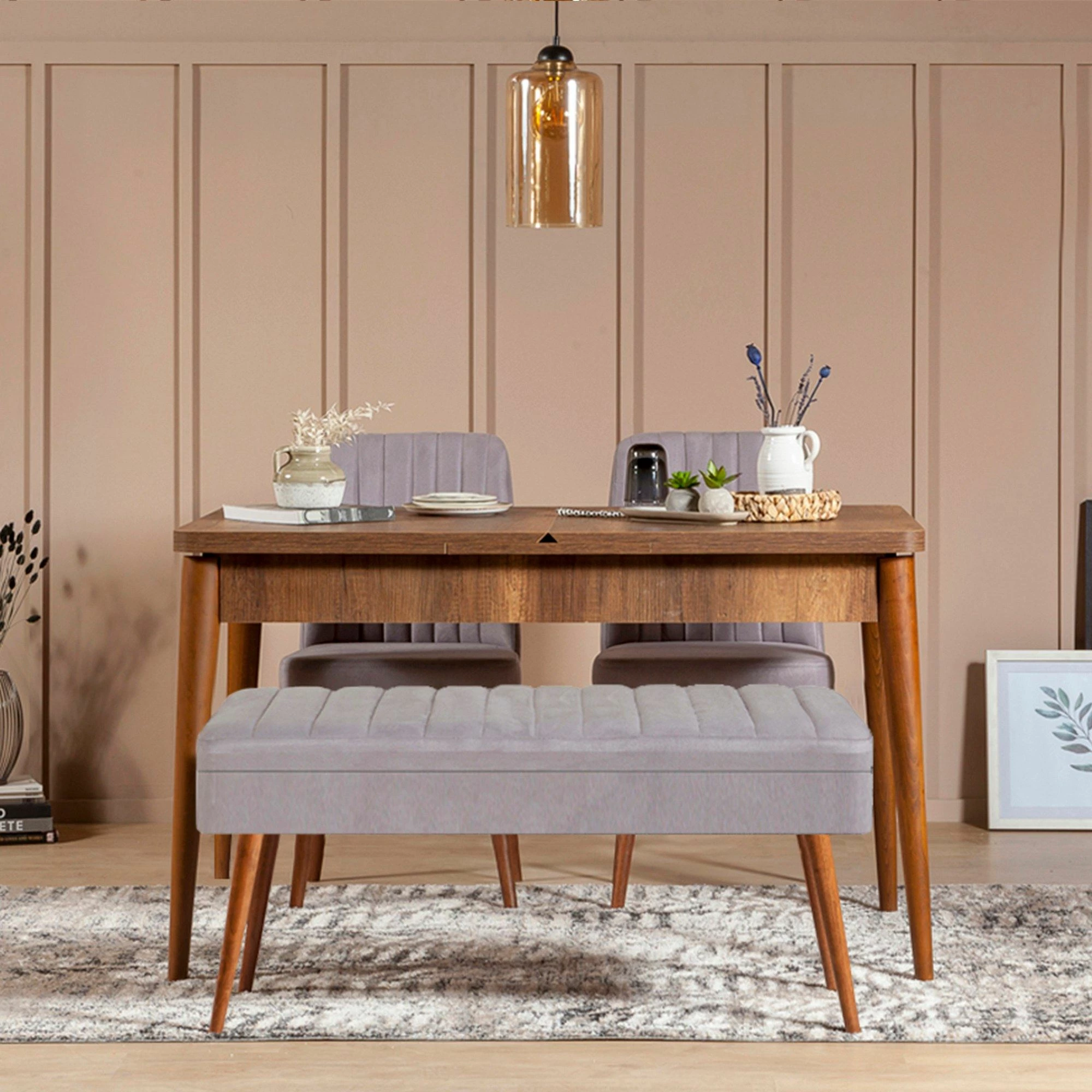 Tavolinë me karrige, set 4 pjesësh, ngjyrë arre dhe gri, Vina 0701 - 3, Skye Decor