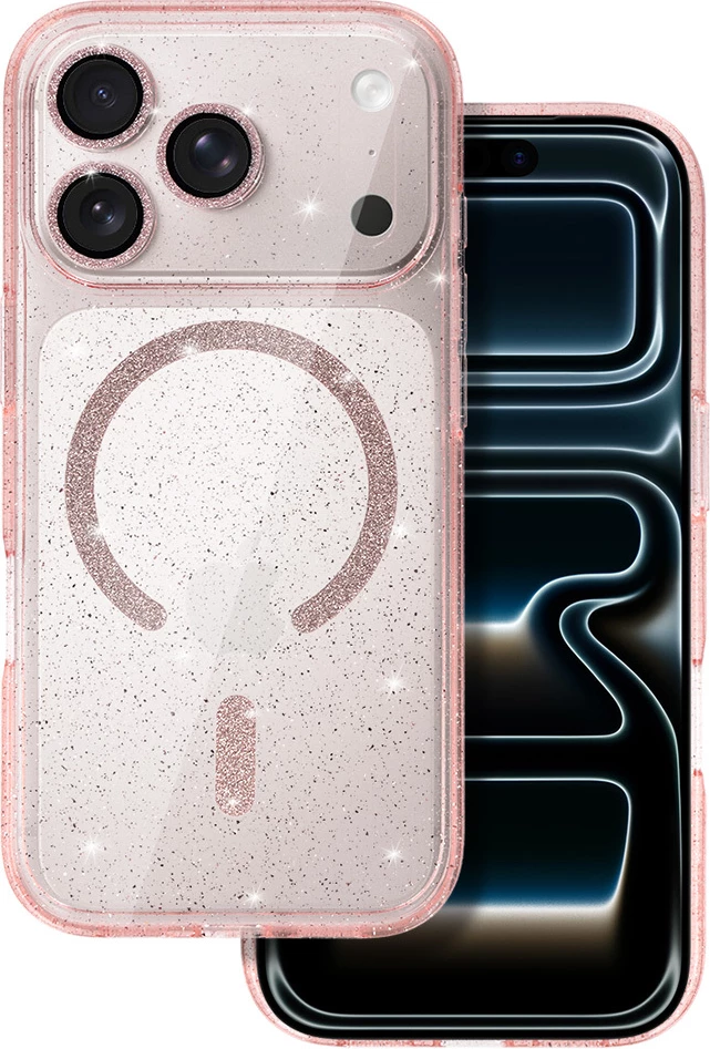 Mbështjellës MagSafe ONASI 23902 për iPhone 17 Pro, silikon me glitter, transparent rozë