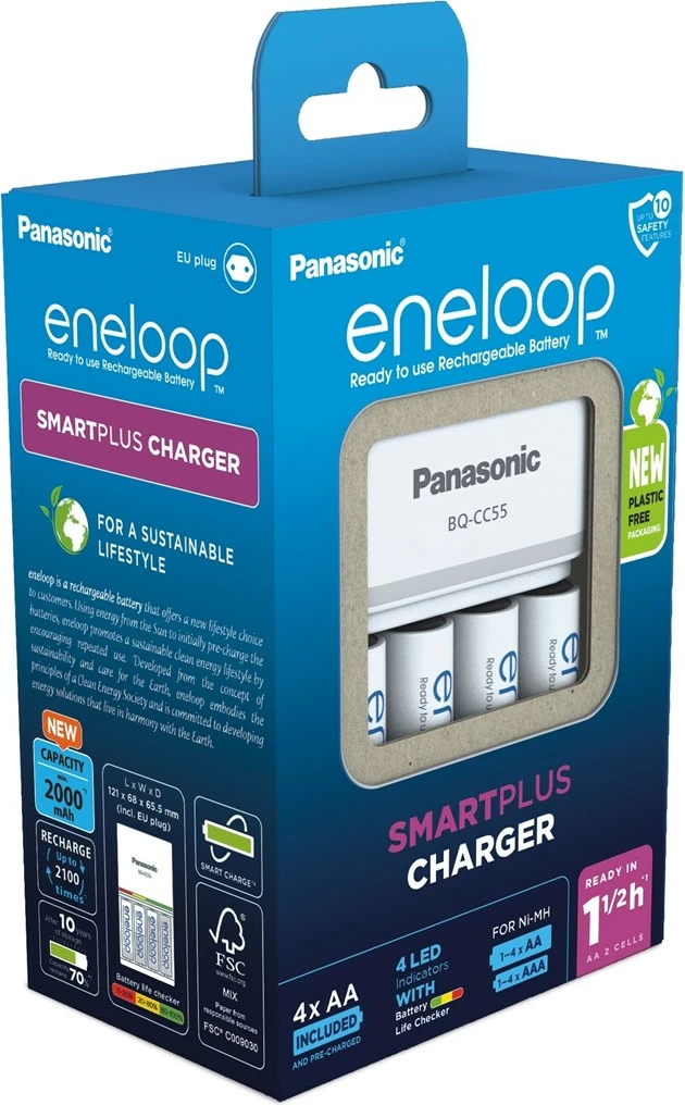 Karikues baterish Panasonic Eneloop Smartplus BQ-CC55 me 4x AA 2000 mAh, Bardhë