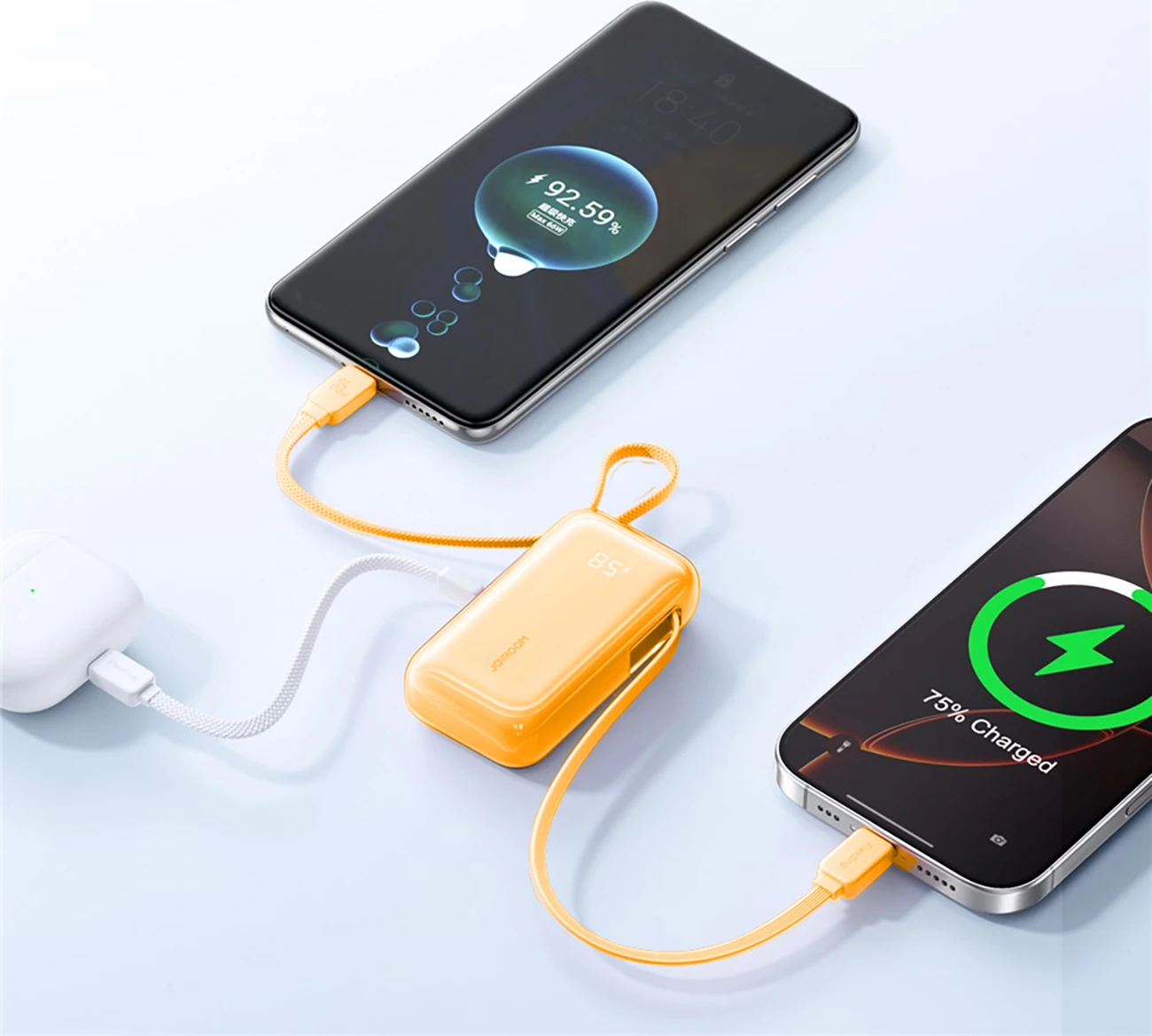 Powerbank Joyroom JR-PR2 10000mAh 35W me kabllo të integrume USB-C dhe Lightning, portokalli