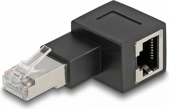 Adaptor RJ45 DeLOCK Cat6a 90° (mashkull/femër), i zi