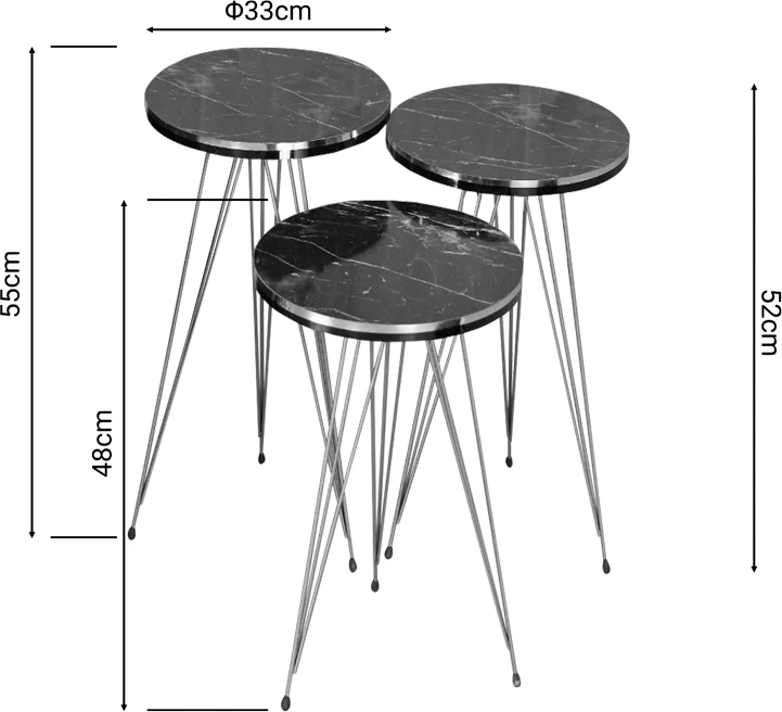 Tavolina anësore Wakmi set 3 copë mermer i zi melaminë-metal i artë