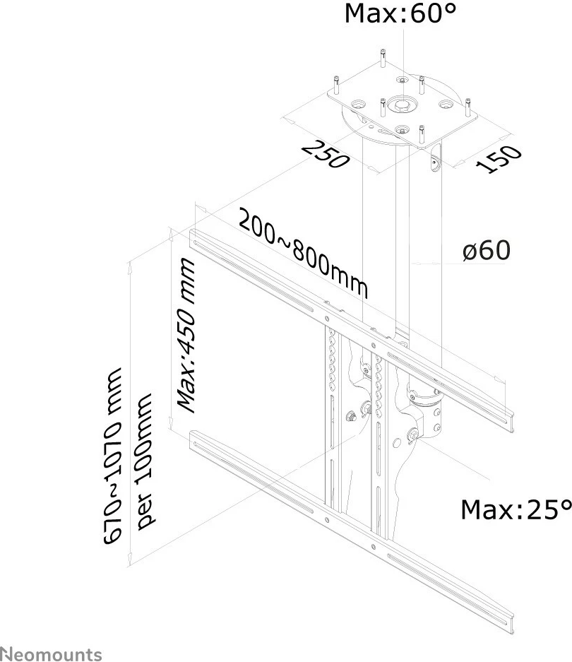 Mbajtëse tavani për TV/monitor Newstar PLASMA-C100BLACK, 37-75 inç, rregullim lartësie, e zezë
