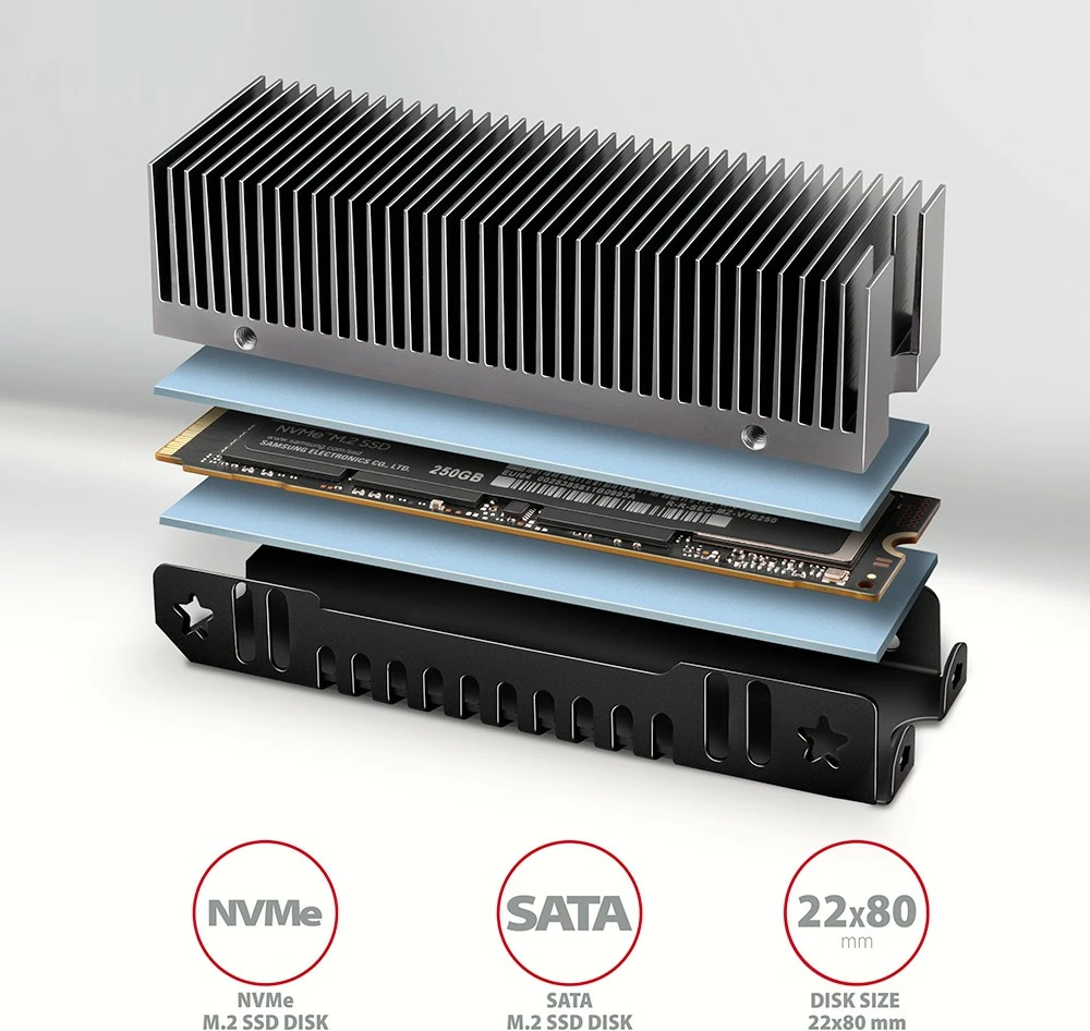 Ftohës pasiv për SSD M.2 AXAGON CLR-M2XT, alumini, për 2280, gri