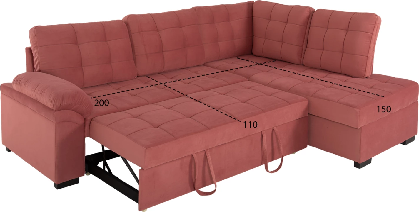 Kënd divan shtrat JADE FH3144.03R kadife rozë e zbehtë 250x80-180x73-88H cm