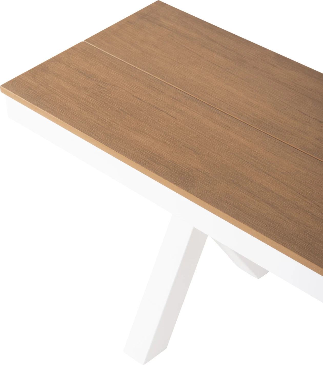 Stol alumini, TAWNEE, FH6038.02, ngjyrë e bardhë, me sipërfaqe tavoline polivudi, ngjyrë druri natyral, 150x36x45 cm